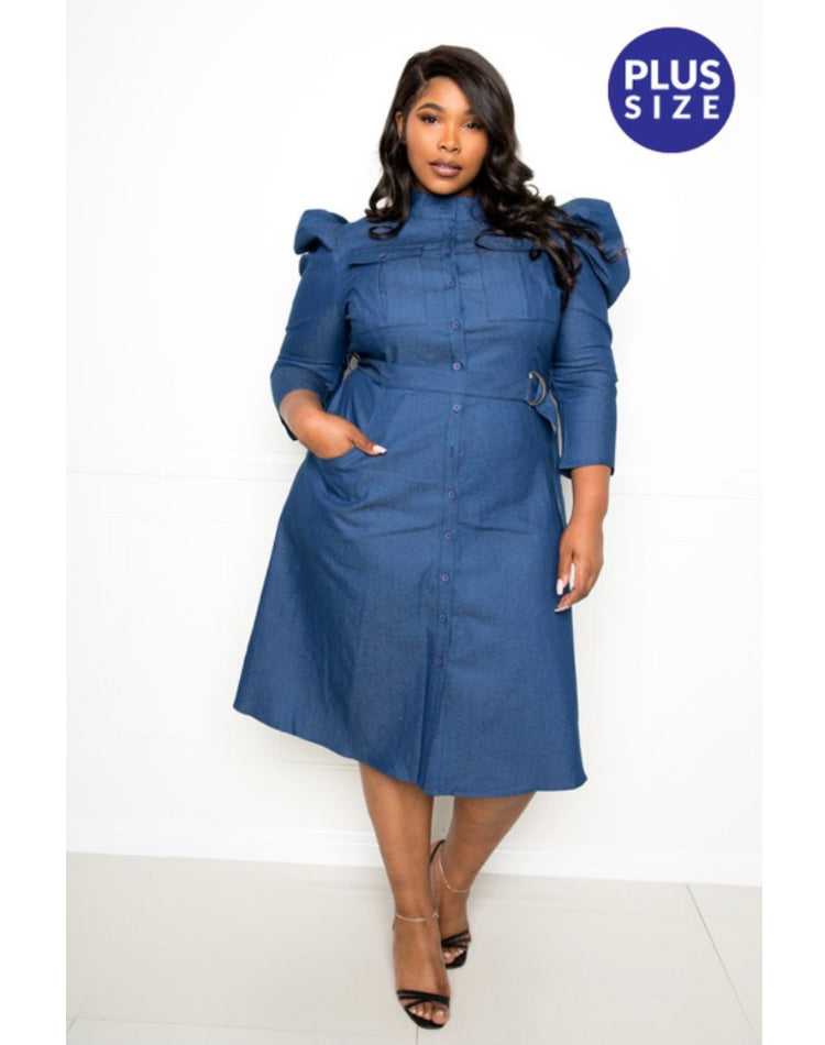 Puffed Sleeve Denim Dress