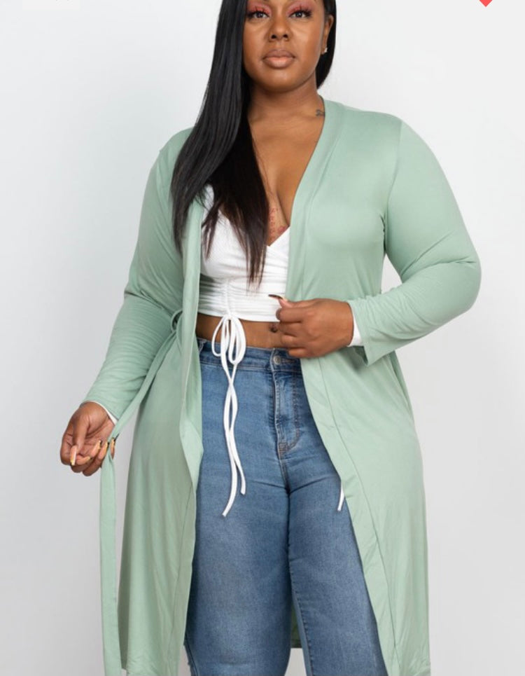 Plus Size Long Belted Cardigan