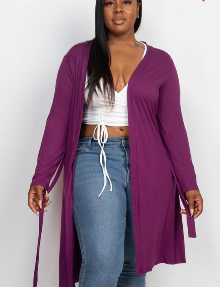 Plus Size Long Belted Cardigan