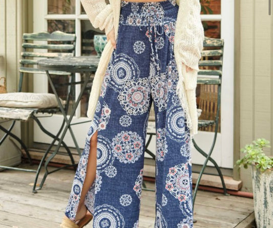 Printed Side Slit Smocked Waist Wide Pants