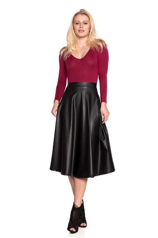 Pleated High-Waisted Leather Skirt